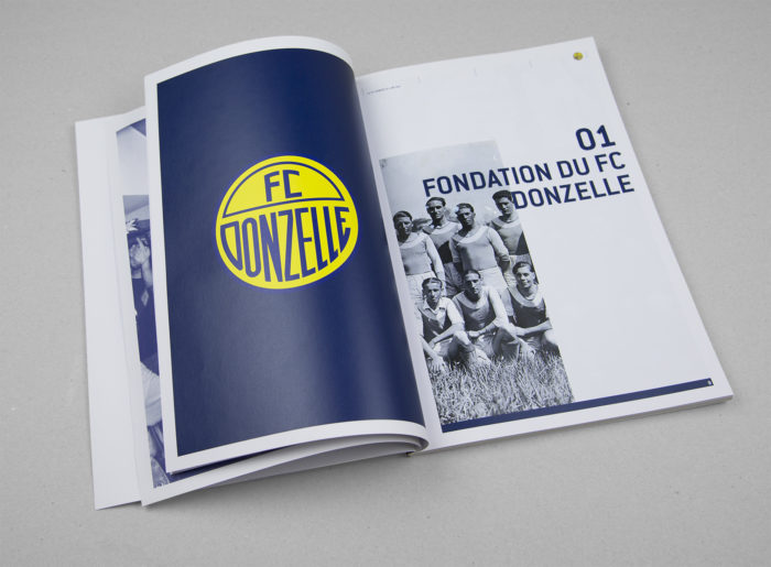 livre,ouvrage,ublication club de football fc donzelle, genève. editorial design, graphic design création chloé genet, chloegenet.ch