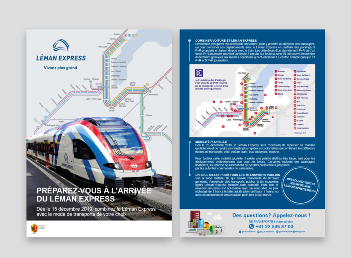 Léman express, flyers annonce lancement du réseau, bureau des auto, Genève, graphic design, création chloé genet, chloegenet.ch