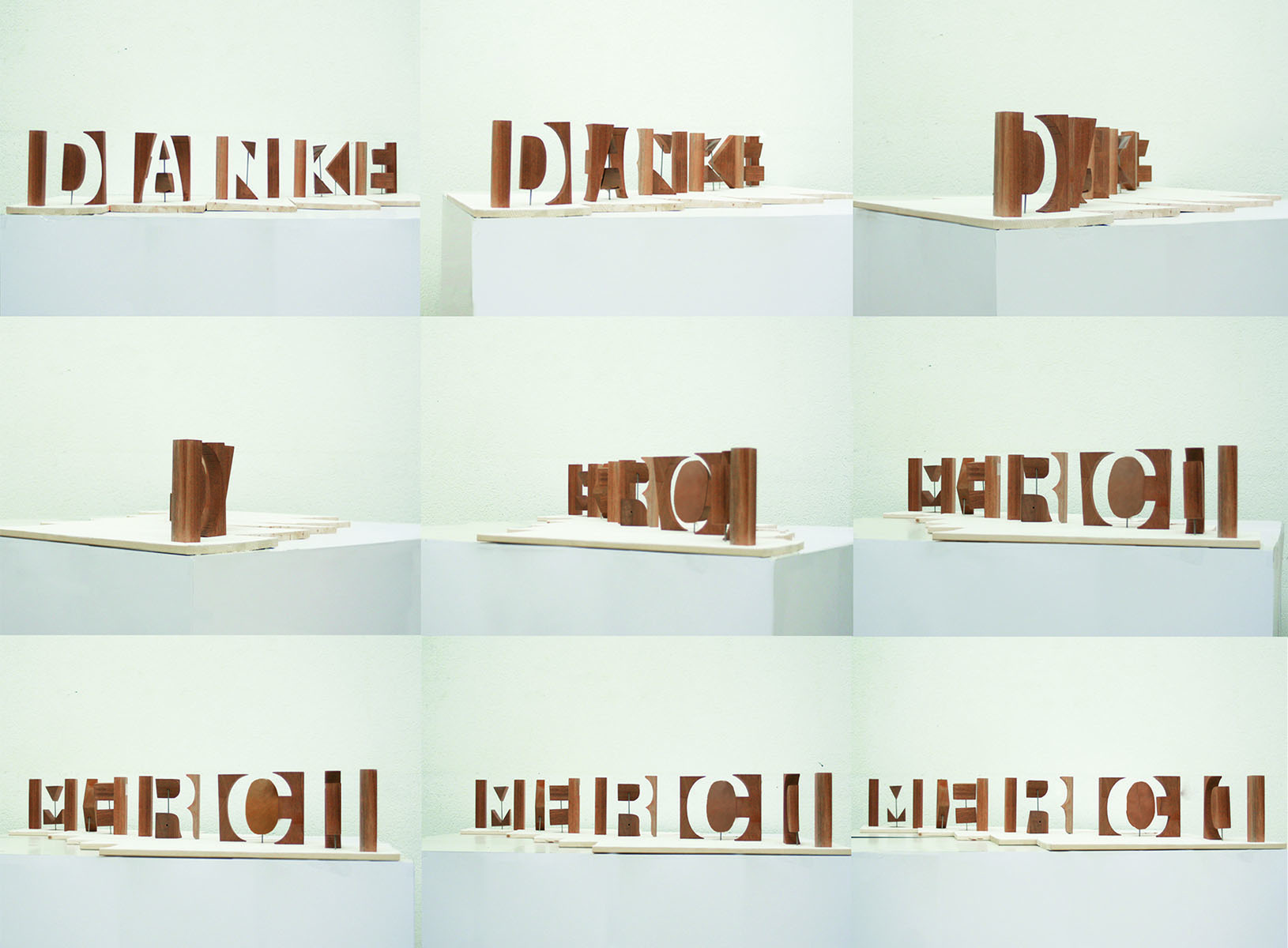 Anamorphose typographie 3D, bois et métal, photo, chloé genet
