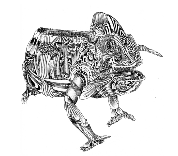 Illustration au stylo noir 0.3, gravure dessin caméléon. chloé genet